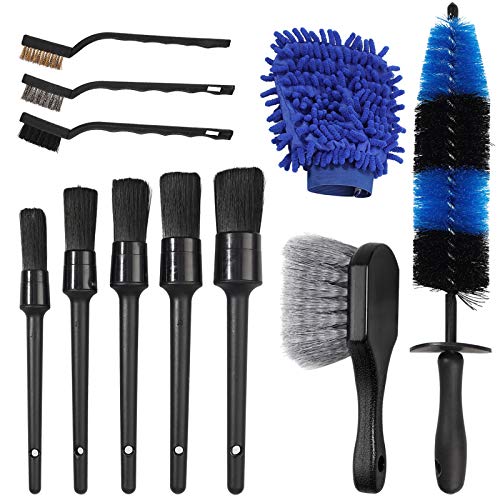 AUTOUTLET 11Pcs Wheel & Tire Brush,Car Detailing Kit 17inch Long Wheel Brush,5Pcs Detailing Brushes,3 Mini Wire Brushes,Short Tire Brush&Car Wash Mitt for Dirty Tire,Engine, Motorcycle (Blue&Black)
