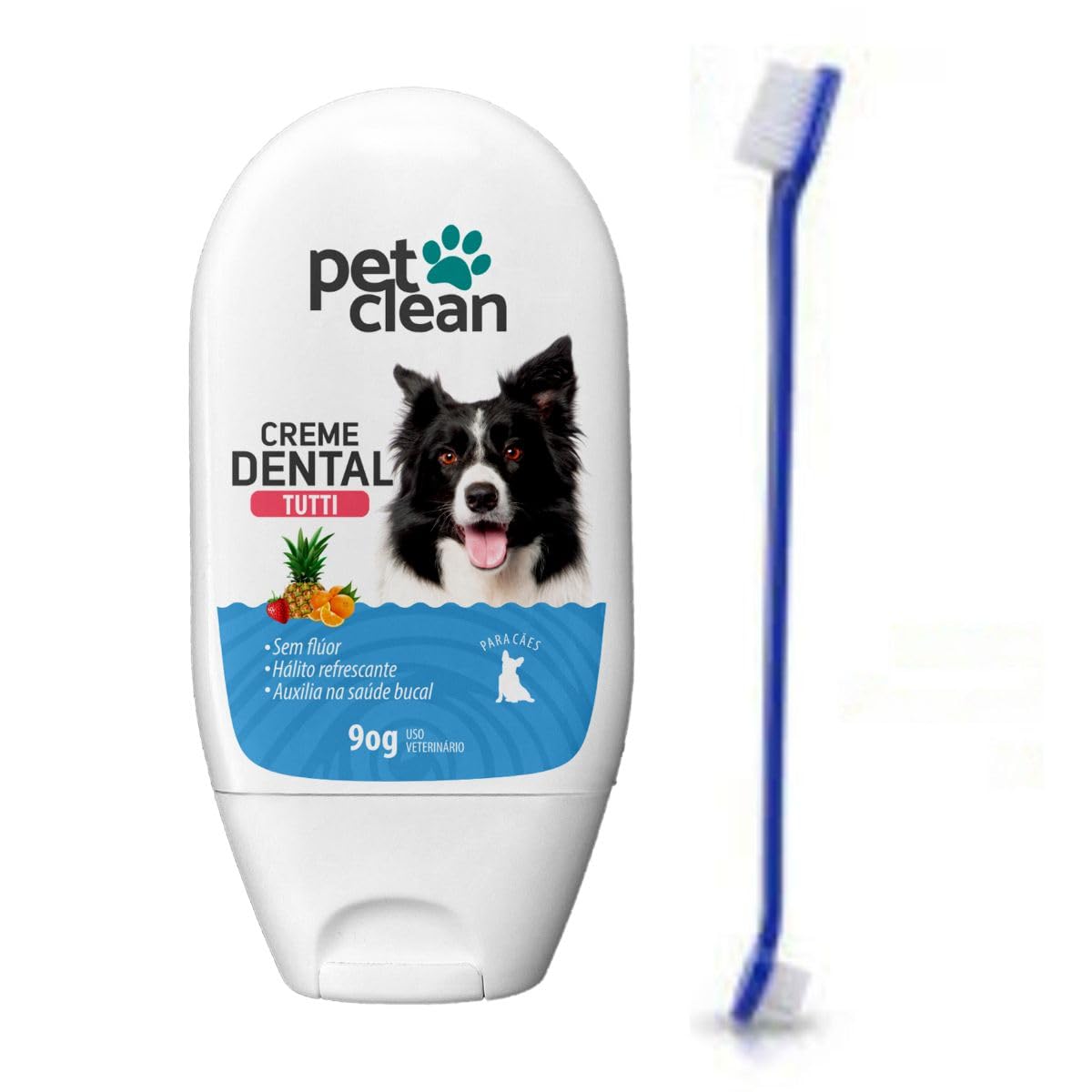 Kit Escova de Dente e Creme dental Tutti Frutti Pet Clean 90g Previne Mau Hálito Saude Bucal de Cães