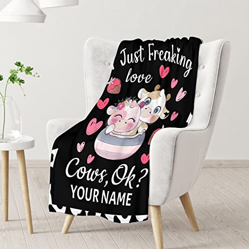 Personalized Cow Blanket Gifts with Name - 50"x60" Cute Throw for Women, Girls - Black Soft Fuzzy Blankets for Bed, Couch & Living Room