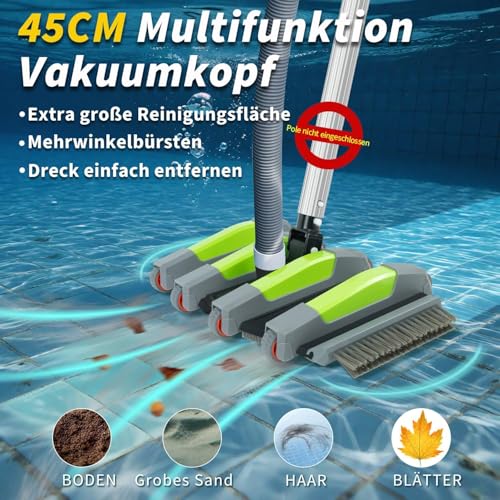 Poolbürste mit Sauganschluss, 45cm Robuster Pool Bodensaugerbürste mit Rädern, Poolsauger Bürste Flexible mit Seitenbürste und Bodenbürstenkopf, Pool Bürste Sauger Passend für 3,2cm&3,8cm Schläuche