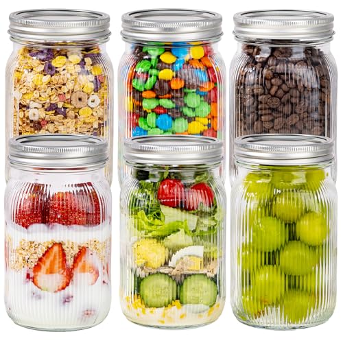 MirthMood Wide Mouth Mason Jars 32 oz with Lids, Canning Jars with Metal Airtight Lids, Quart Mason Jars for Fermenting, Pickling, Freezing, Preserving, Meal Prep, Jar Décor[6 Pack]