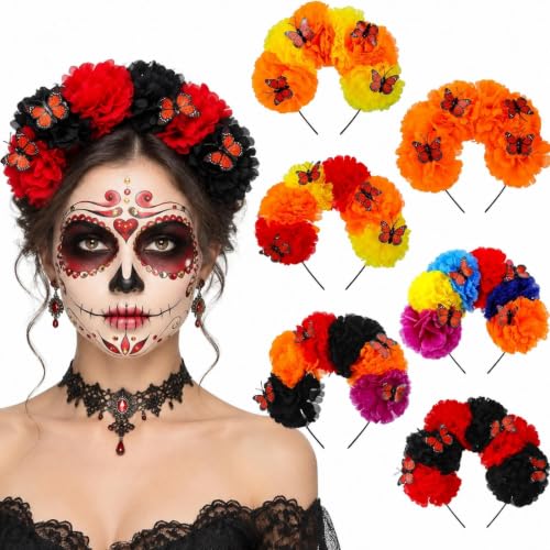 Hoteam 6 Pcs Day of the Dead Headbands Marigold Flower Crown