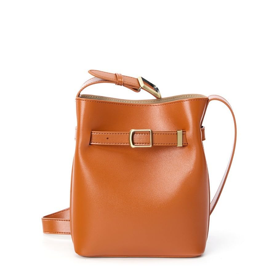22x9x18cm Retro Leder Damen Tasche,Leder Schulter- Umhängetasche,Stilvolle Eimer-Tasche (Für tägliche Essentials wie Makeup-Spiegel,Handy)