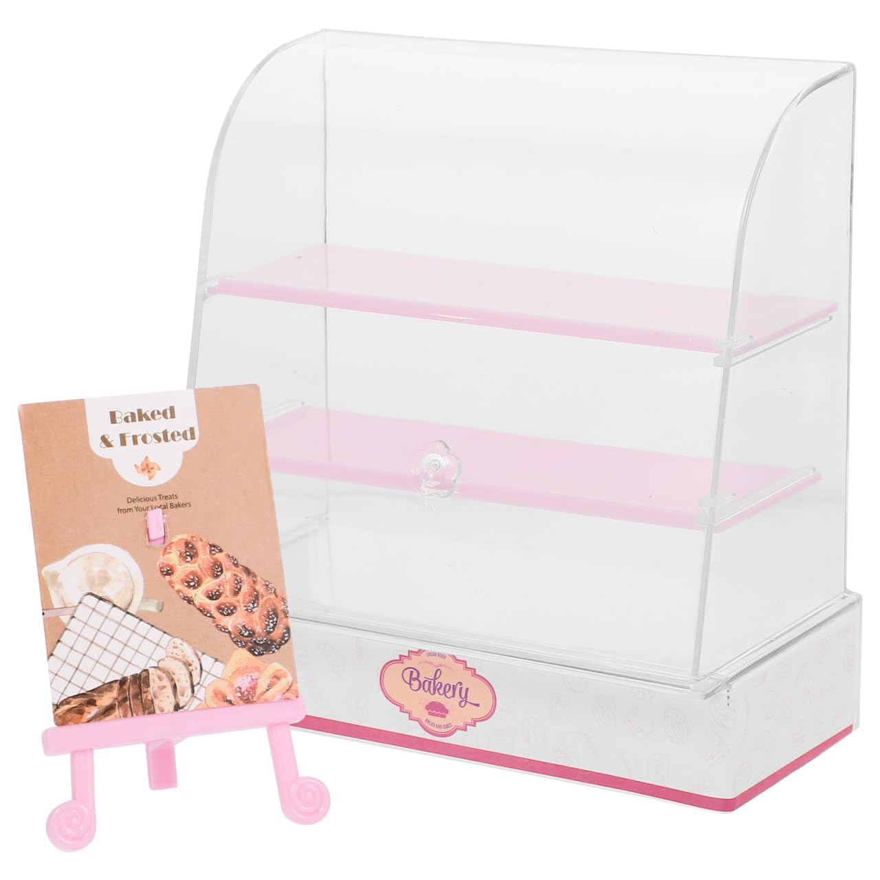 Miniature Bakery Case Cake Stand, Display Cabinet for Doll House Decoration, Pink, 5.31 X 5.11 X 2.55 Inches, Random Menu, Abs Material, Cute DIY Toy for Kids