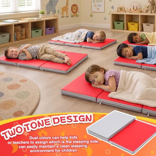 Image of Wesiti 1 Pcs Folding Kids Nap Mats for Preschool Daycare, 3 Section Folding Rest Mats Sleeping for Kids Toddler Nap 1 Inch Thick, Kindergarten School Classroom Supplies (Red,Gray)