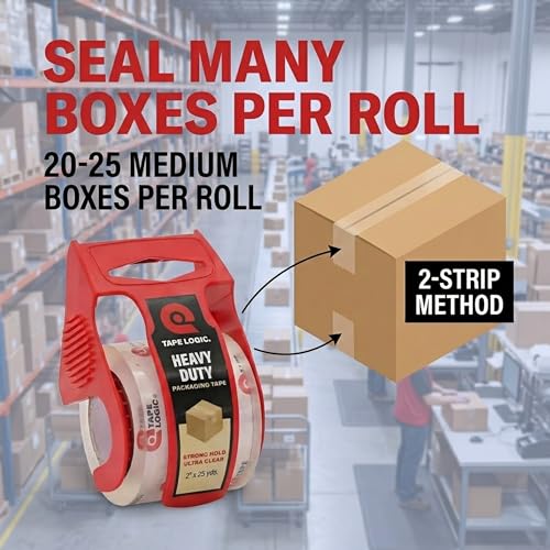 Image of Tape Logic Heavy Duty Packing Tape with Dispenser (1 Pack) - 2.6 Mil Thick Clear Shipping Tape, 2 in x 25 yd - Strong Industrial Adhesive for Moving Boxes, Mailing, & Shipping Packaging