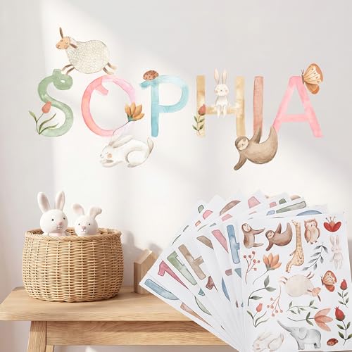 YooNotee 8 Sheets Watercolor Name Wall Decal Sticker Woodland Animal Vinyl Alphabet Stickers Safari Floral Custom Name Wall Art Cute Letter Print for Nursery Bedroom Classroom Home Decor