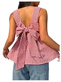WDIRARA Women's Gingham Plaid Bow Knot Back Tank Top Square Neck Sleeveless Peplum Tops Red and White Medium