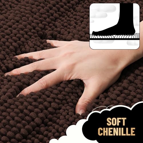 Image of OLANLY Thick Bathroom Runner Rugs 47x17, Extra Absorbent Chenille Striped Bath Rugs, Rubber Backing, Machine Wash Dry, Long Bath Mats for Bathroom Floor, Tub and Shower, Home Decor Accessories, Brown
