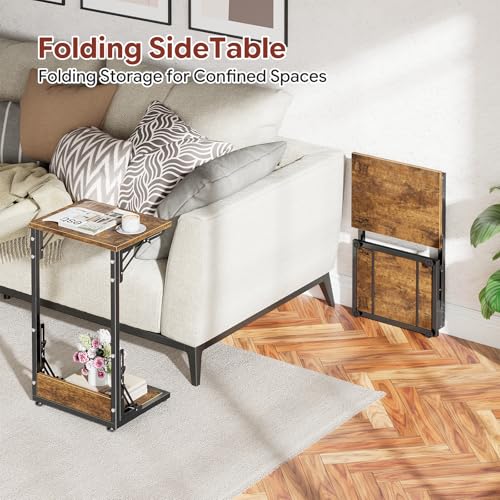 Mesa auxiliar plegable en C de dormitorio marron rustico de sofa 6