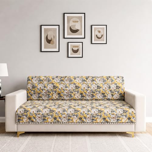 Image of Homerz Premium Printed Quilted Velvet Sofa Slip Cover Protector with Tassels, Sofa Mat, Exact Size, Antislip Cover (Antique Garden, 2 Seater, Full)
