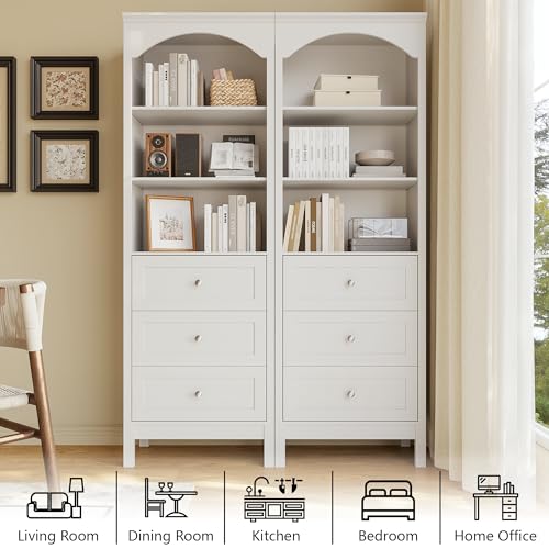 Image of 71 inch H Tall Bookshelf with Drawers, Farmhouse Book Shelf with 3-Tier Open Shelves, Wooden Bookcase with Storage Drawers, Freestanding Bookshelves for Bedroom, Living Room, White