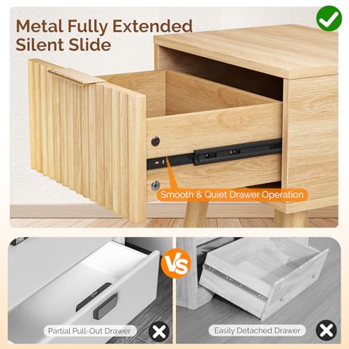 Image of VINGLI Night Stand Set 2, Fluted Nightstands with Drawer, Mid Century Modern Nightstands Set of 2, Bedside Table, End Table, Wood Nightstand for Bedroom, Natural Oak, 15.75 inch W*11.81 inch D*21.85 inch H