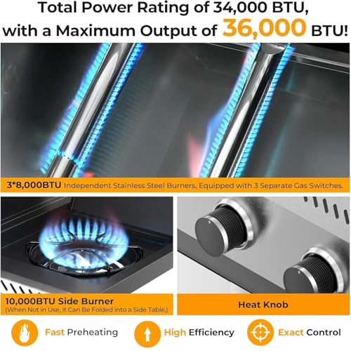 Image of COWSAR 3-Burner Propane Grill with Side Burner 34,000 BTU BBQ Grill