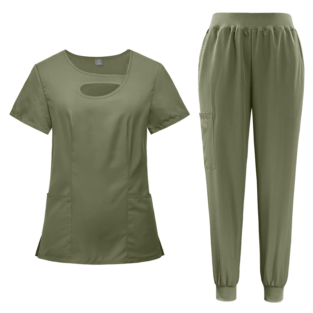VIAOLI Scrubs Set Multiple pockets V-Neck Top and Drawstring Scrub Pant - Medical Uniform Women Scrub Set Clearance (Teal green-02, 2X-Large)