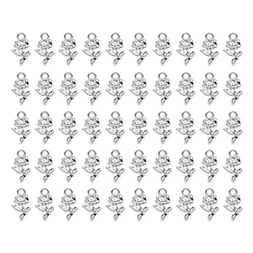 Shapenty Mini Metal Beads Rose Flower Charms Bulk for DIY Craft Keychain Necklace Pendants Bracelets Earrings Jewelry Making Findings Birthday Christmas Valentine's Gift, Rose, 50PCS (Silver)