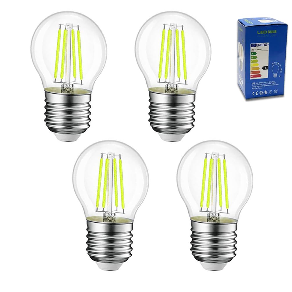Xnordcaper G45 E27 Golf Ball LED Light Bulbs, 4W Energy Saving G45 Mini Globe LED Filament Light Bulb Clear Glass 6500k Cool White E27 SES Edison Screw Bulbs, 40W Equivalent, Non Dimmable, Pack of 4