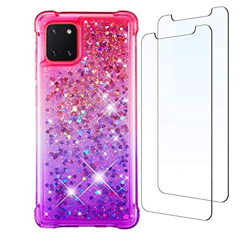 Funda para Samsung Note 10 Lite, Funda para Samsung A81 y [2 Pack] Protector de Pantalla, Glitter Liquida Purpurina Cristal Transparente Carcasa Brillante Arena Movediza Cover (Rosa/Púrpura) Cover