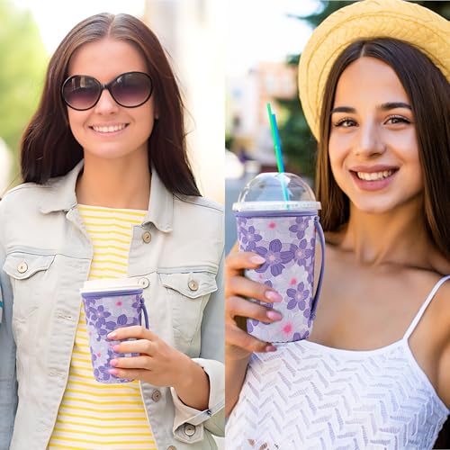 Image of KJQJLY 3 Pack Reusable Iced Coffee Sleeves for Iced Coffee Cups or Drinks Reusable Neoprene Insulated Sleeves for Hot and Cold Drinks from Starbucks, Dunkin, And More (Little Purple Flowers)