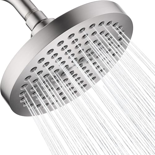 BRIGHT SHOWERS High Pressure Shower Head, 6 Inch High Flow Rainfall Shower Heads, 2 Spray Settings Adjustable Angle Replacement Bathroom Showerhead, Easy Installation Brushed Nickel