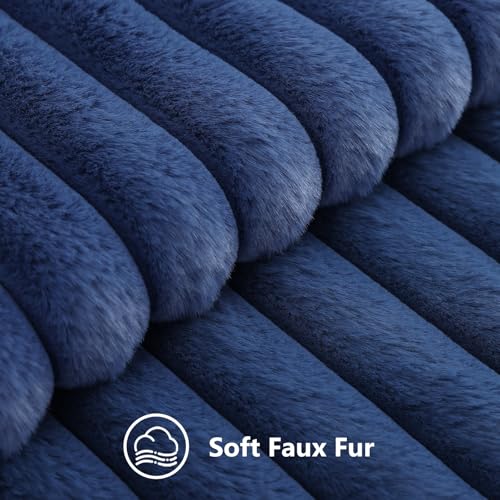 Image of decorUhome Fall Cozy Faux Fur Throw Pillow Covers 22x22 Set of 2 Decorative Soft Plush Striped Coastal Modern Farmhouse Boho Couch Euro Sham Pillow Cases with Velvet Back for Sofa Bed, Blue