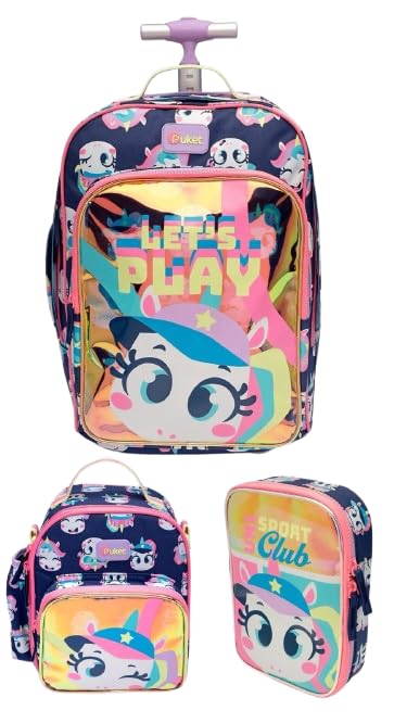 Kit Unicórnio Tênis Puket: Mochila Escolar Grande C/Rodinha + Estojo Grande + Lancheira Térmica - Puket