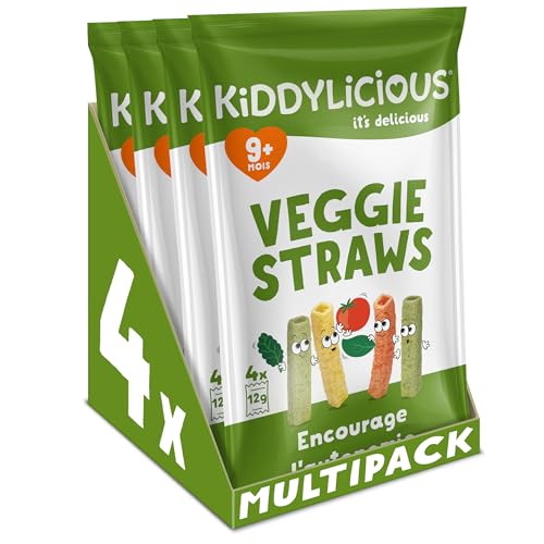 Kiddylicious Veggie Straws Lègumes | Dès 9 mois | Sans Gluten | 4 Packs de 48g (4 Sachets de 12g) | 192g
