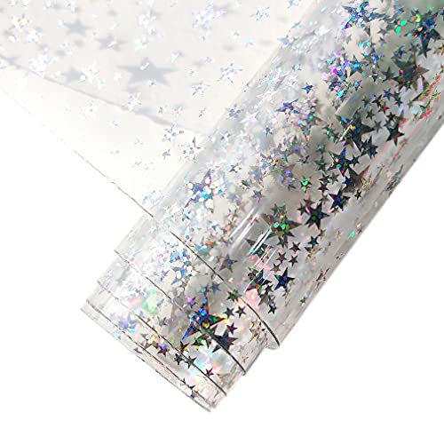 HYANG Transparent Stars PVC Super Clear Holographic Vinyl Faux Leather Sheets 1 Roll 12' x 53' (30cm x 135cm) for DIY Bows Earrings Bags DIY Crafts Making