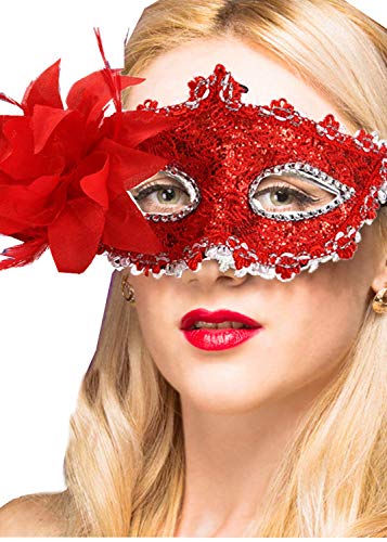 Halloween Masks Red Mask for Women Antifaces Masks for Masquerade Ball Party Mardi Gras Flower Feather Lace Venetian Masks for Carnival Costumes Prom Wedding Dressing Parties Cosplay Wall Decor