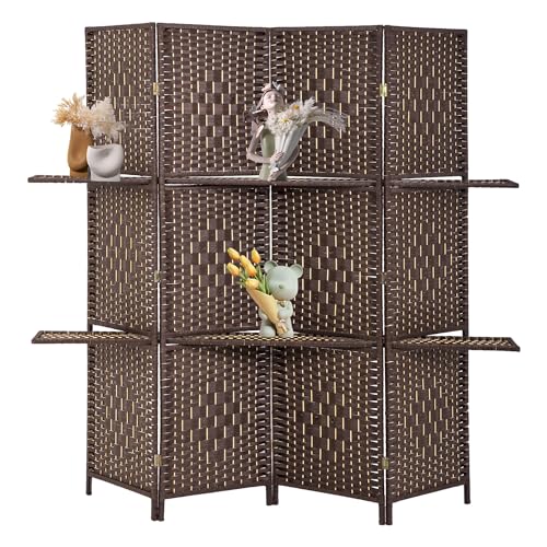 FDW Room Divider 4 Panel Room Screen Divider Wooden Screen Folding Portable Partition Screens Wood with Removable Storage Shelves Color Brown
