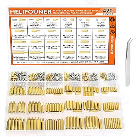 HELIFOUNER 420 Pieces M2 M2.5 M3 Male Female Hex Brass Spacers Standoffs Screws Nuts Assortment Kit with a Tweezers Cover