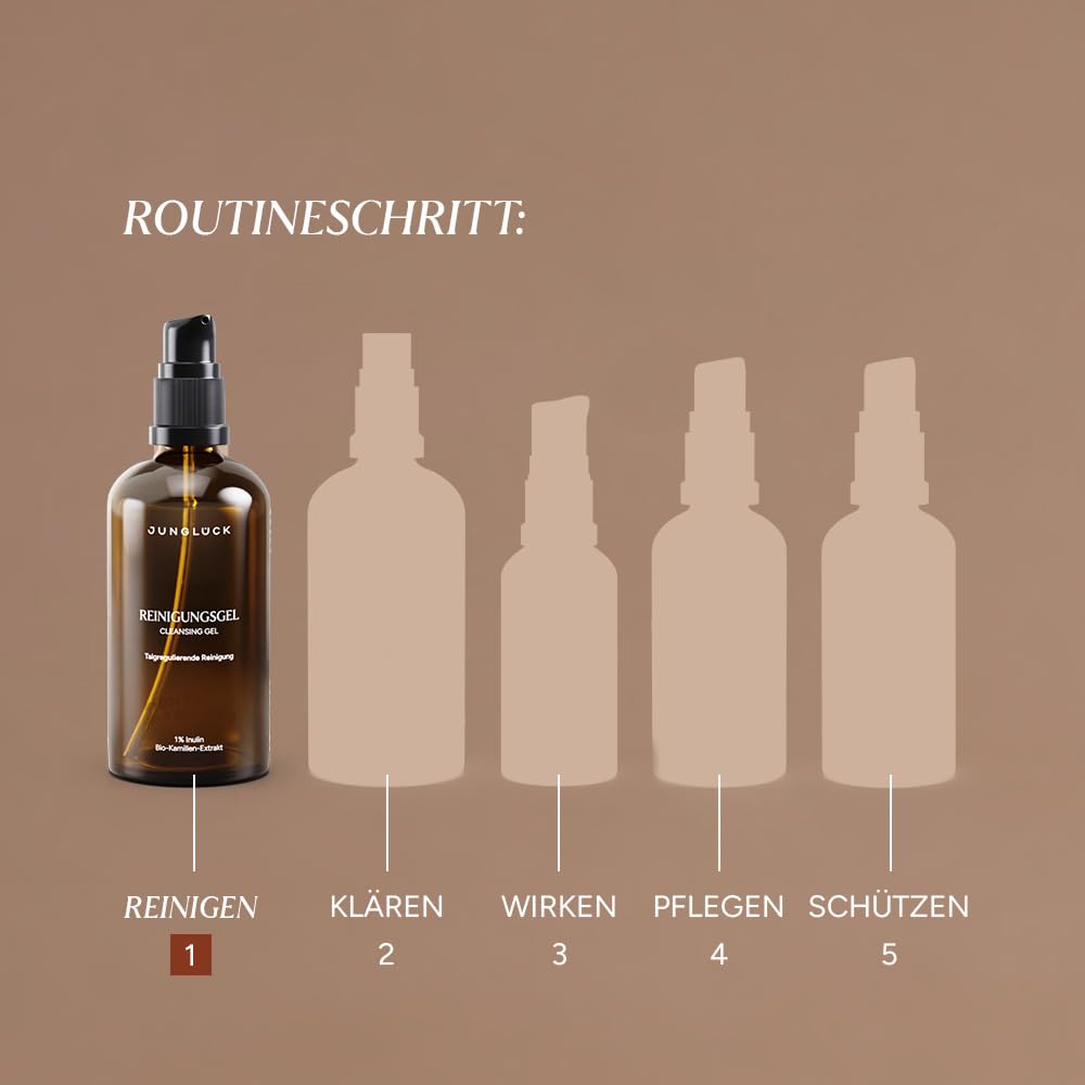 JUNGLÜCK Reinigungsgel | Porentiefe Gesichtsreinigung befreit die Haut von Schmutz & Make up | Leicht schäumendes Gel mit 1% Inulin, Bio-Aloe Vera & Bio-Kamillenextrakt - Vegan