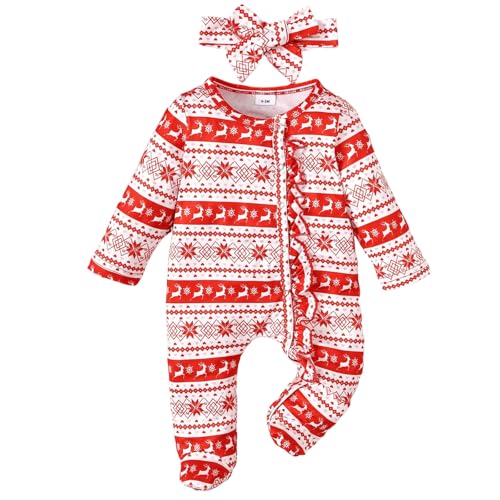 de bebé niña de Estilo Europeo con Estampado de Renos. Conjunto y Adorable para bebés y niñas pequeñas. Ideal para sesiones de Fotos navideñas, Familiares y Celebraciones.#A