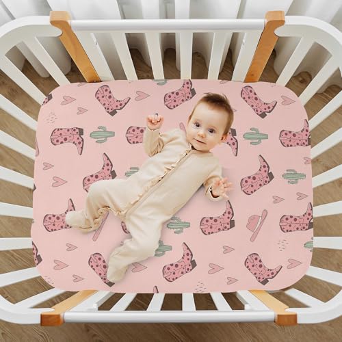 Image of VIGTRO Cowgirl Boots and Cacti Pattern Baby Crib Sheets for Boys Girls, Breathable Soft Fitted Crib Playard Sheets Baby Mattress Sheet, S 39x27x5in