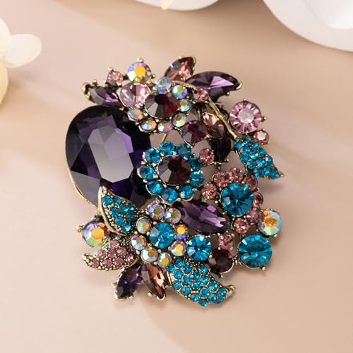 Image of SELOVO Rhinestone Glitter Flower Brooch Pin Jewelry Scarf Accessory Vintage Gold Tone