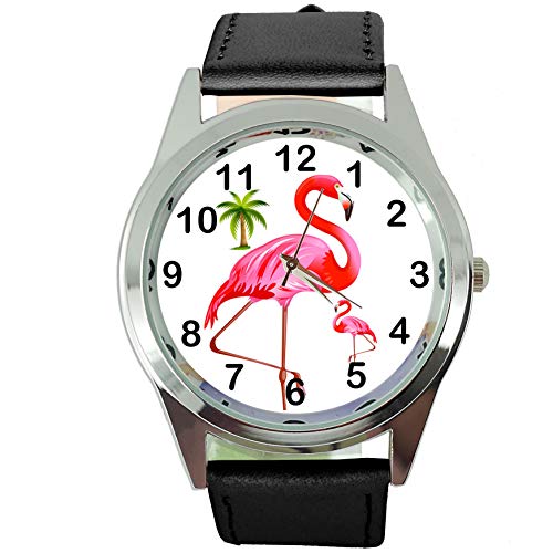 Preisvergleich Produktbild Runde Quarzuhr aus schwarzem Leder für Flamingo-Fans
