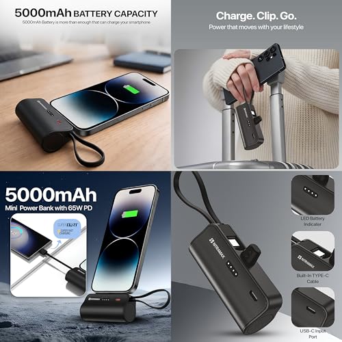 Image of Mini Power Bank, 5000mAh, 65W PD Super Fast Charging, Black, with Wrist Strap, for Travel and Everyday Use