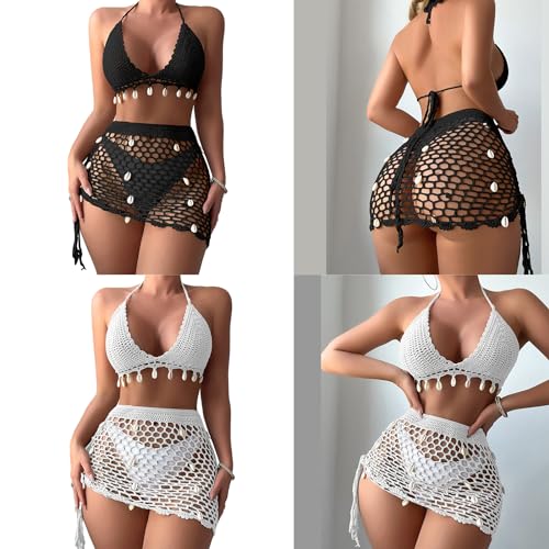 Bikini de ganchillo de 2 piezas para mujer con falda de playa de conchas 2