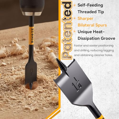 Image of PINOZE 14-Piece Spade Drill Bit Sets with 6 inch Quick-Load Extension, Paddle Flat Bit for Hole Cutter Woodworking, 1 /4 inch to 1-1 /2 inch, Self-Feeding Threaded Tip, 1 /4 inch Hex Shank, Storage Pouch Included