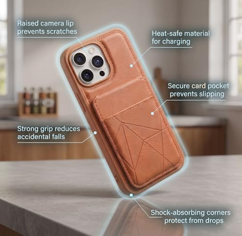 Image of amazon basics Premium Vegan Leather Back Cover with Card Holder and Integrated Mobile Stand for iPhone 15 Pro Max - Slim Shockproof Wallet Case with Geometric Stitching [Tan]