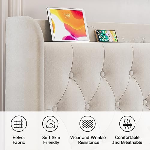 Image of koorlian King Velvet Bed Frame, Adjustable Upholstered Platform Bed Frame with Type-C&USB Ports, Wingback Storage Headboard, Solid Wood Slats Support, No Box Spring Needed, Noise-Free, Beige