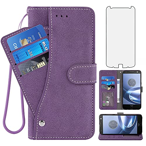 Asuwish Compatible with Moto Z Force Wallet Case and Tempered Glass Screen Protector Lanyard Flip Credit Card Holder Stand Cell Phone Cover for Motorola ZForce MotoZForce Droid XT1650 Women Men Purple