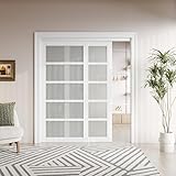 Sliding Closet Door 72'(Double 37') x 80' Interior Doors with Hardware Kit & Floor Guide, 5-Lite Tempered Frosted Glass Door Pre-Drilled Easy Install
