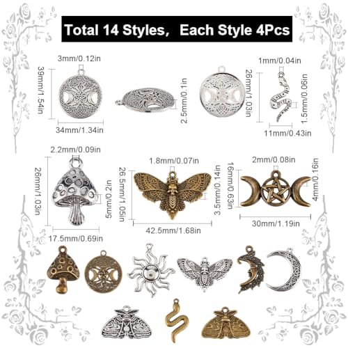 SUNNYCLUE 56PCS 14 STYLES Alloy Tarot Charms Bulk Gothic Charms Tibetan Antique Silver Bronze Divination Magic Moth Butterfly Goth for jewellery Making Diy Earrings Bracelet Necklace - Image 2