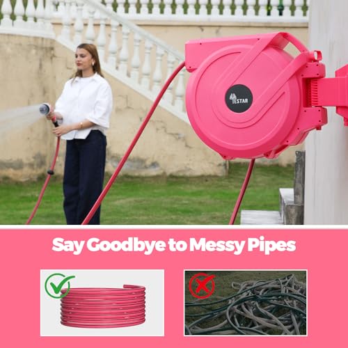 Image of Retractable Garden Hose Reel 5 /8 in x100 ft, Heavy Duty Wall Mounted Hose Reel with 10- Function Sprayer Nozzle, Any Length Lock /Automatic Slow Return System,180 Swivel Bracket