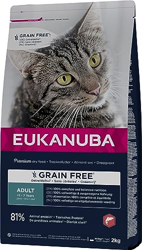 Eukanuba Katzenfutter trocken getreidefrei - Premium Trockenfutter mit viel Lachs für ausgewachsene Katzen, 2kg