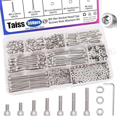 Taiss 550 Stück M3 Schrauben Set M3 x 6/8/12/16/20/25/30 mm Sechskantschrauben mit Innensechskant Schrauben Muttern Unterlegscheiben Sortiment Set 304 Edelstahl Maschinenschrauben mit Schlüssel