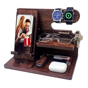 Gifts for Men Women Brother Boss Boyfriend Him Nightstand Organizer Gifts for Dad from Daughter Son Wood Phone Docking Station Dark Brown