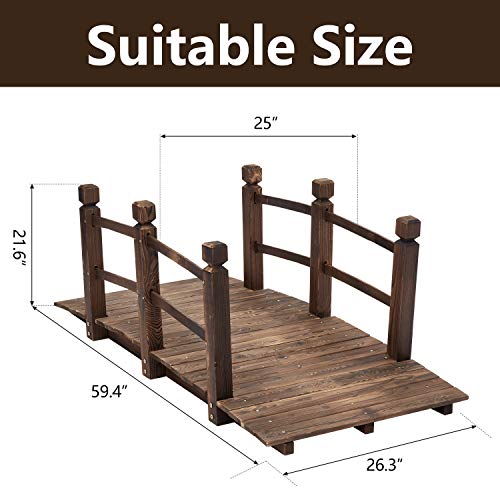 Kinsunny 5 ft Wooden Garden Bridge with Double Railings Stained Finish Footbridge Decorative Pond Bridge Outdoor Lawn Arc Walkway