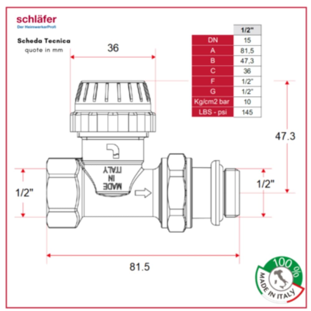 Schläfer 37020001 | Valvola Termostatica Completa per Termosifoni, Valvola Termostatizzabile Dritta con Testina di Comando Termostatica per Radiatore Riscaldamento Termosifone Termoarredo 0-28 C